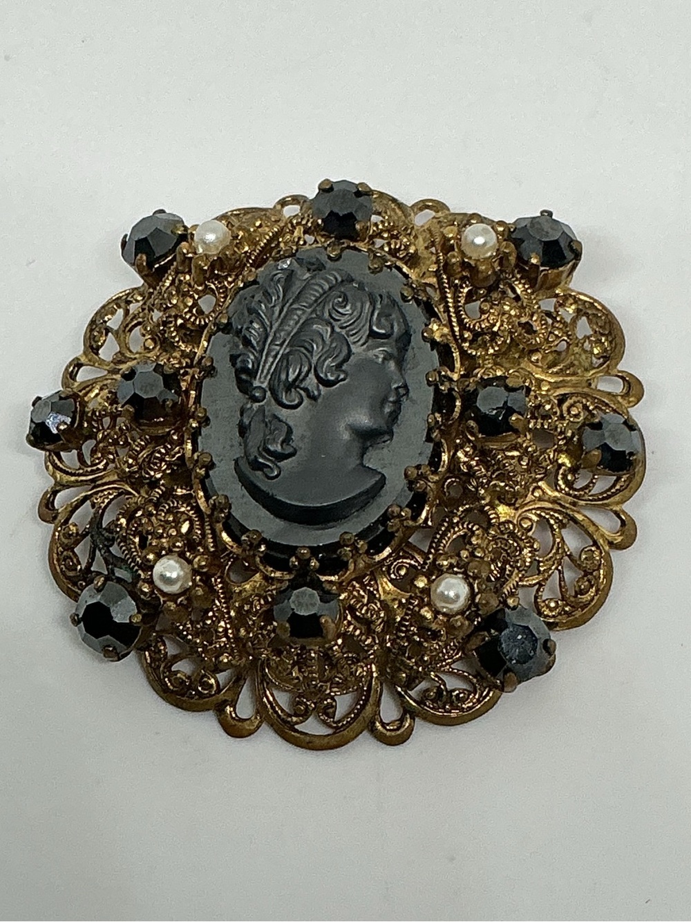 Vintage Hematite Cameo Brooch Gold Tone Filigree Black Glass Seed Pearl Germany